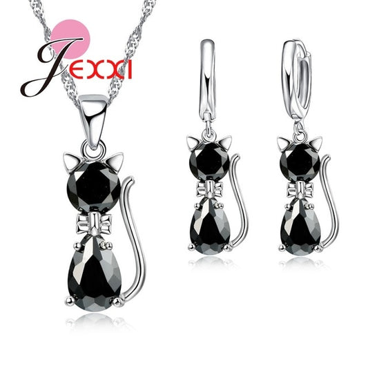 HOT New Arrivals Genuine 925 Sterling Silver Shiny Cubic Zirconia Cat Kitty Necklace Pendant Hoop Earrings Fast Shipping