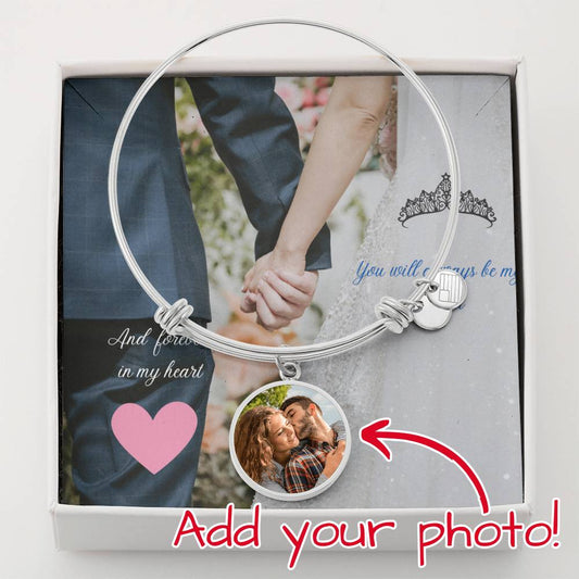 Personalized Photo Engravable Bangle Bracelet with Customizable Pendant