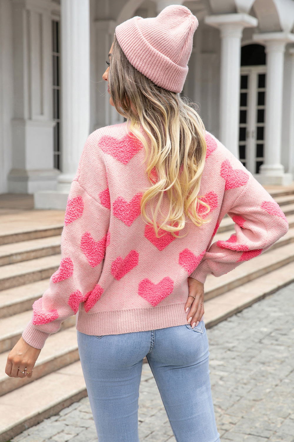 Angel Wings Round Neck Dropped Shoulder Sweater with Heart Pattern